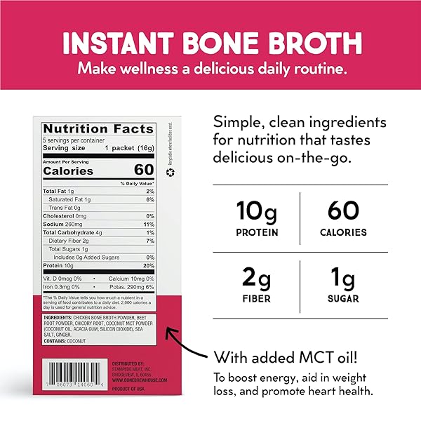 BONE BREWHOUSE – CHICKEN BONE BROTH PROTEIN POWDER – GINGER BEET FLAVOR – KETO & PALEO FRIENDLY – INSTANT SOUP BROTH – 10G PROTEIN – NATURAL COLLAGEN, GLUTEN-FREE & DAIRY FREE – 5 INDIVIDUAL PACKETS