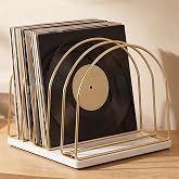 UUOBQN Wooden Vinyl Record Storage Holder, Gold | Record Stand Organizer for Vinyl Records &amp; LPs, Magazine Holder, CD Storage, DVD Storage, CD Holder, Album Organizer Shelf