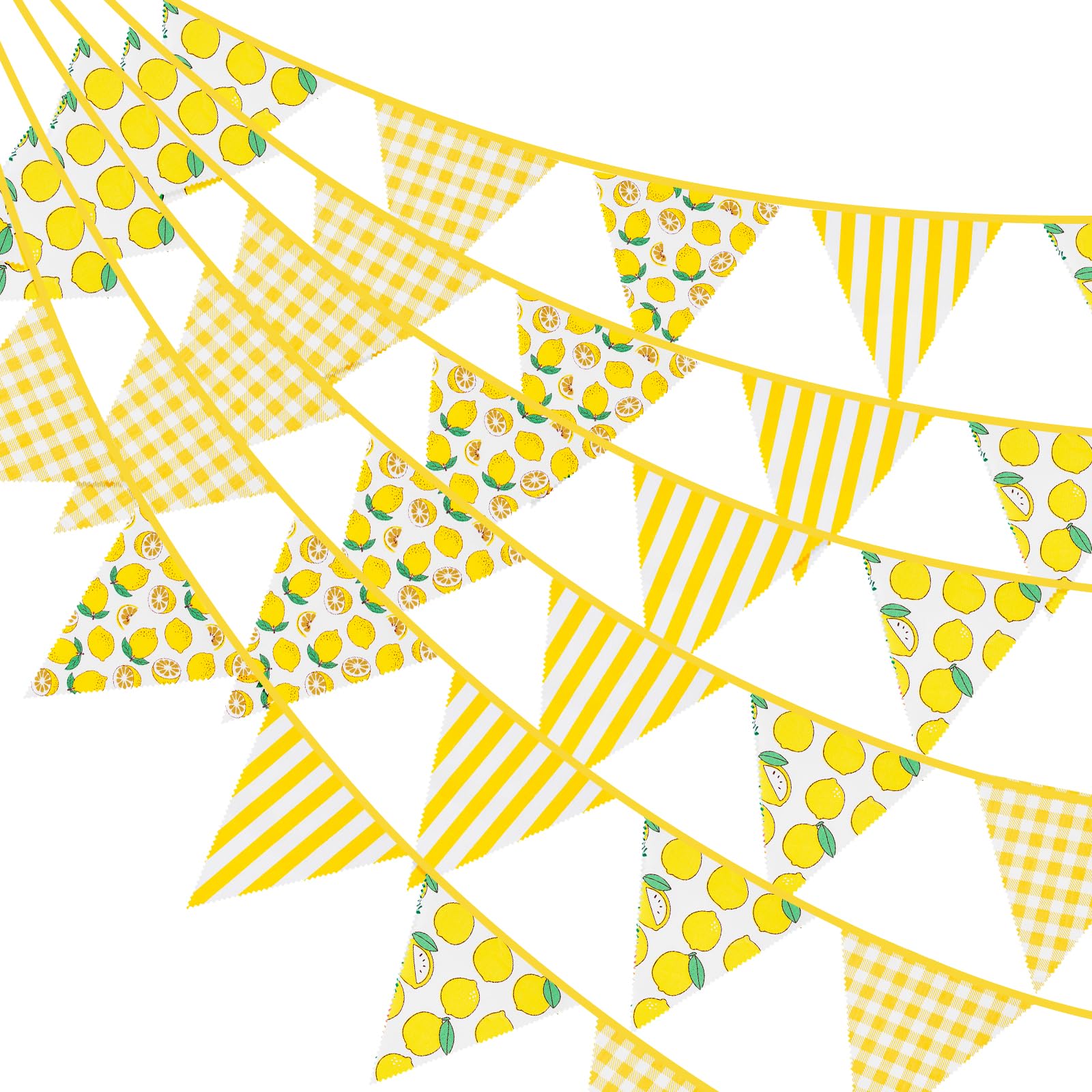 G2PLUS Lemon Fabric Bunting Banner: 12M Gingham Garden Bunting, 42PCS Yellow Cotton Stripe Pennant, 19x21CM Triangle Garland Banner for Kid's Bedroom, Summer Celebration, Birthday, Baby Shower