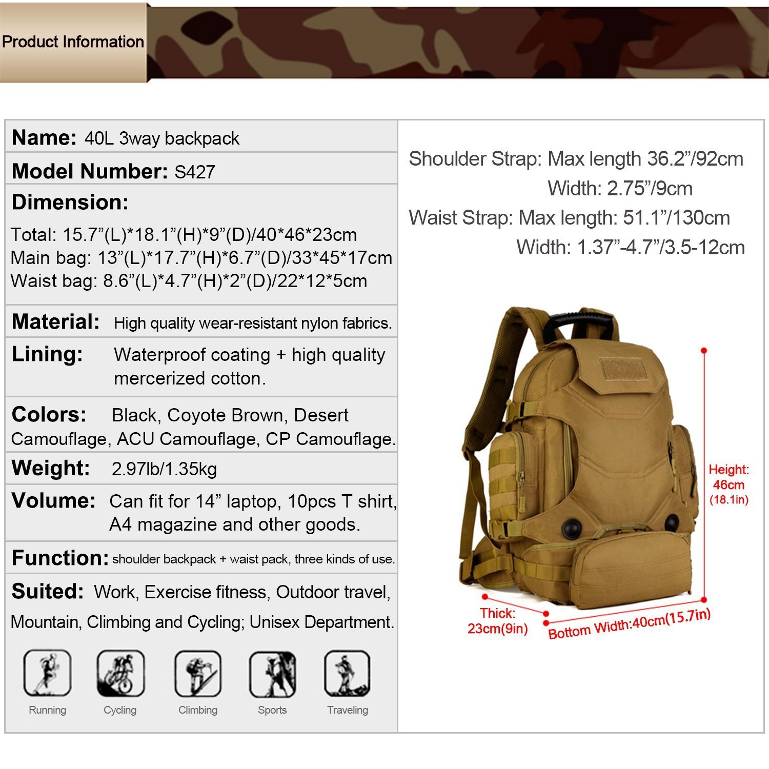 Zoweetek® Camouflage Militaire Armée Sac à dos multifonctionnel US assault pack 40L MOLLE Multicolore