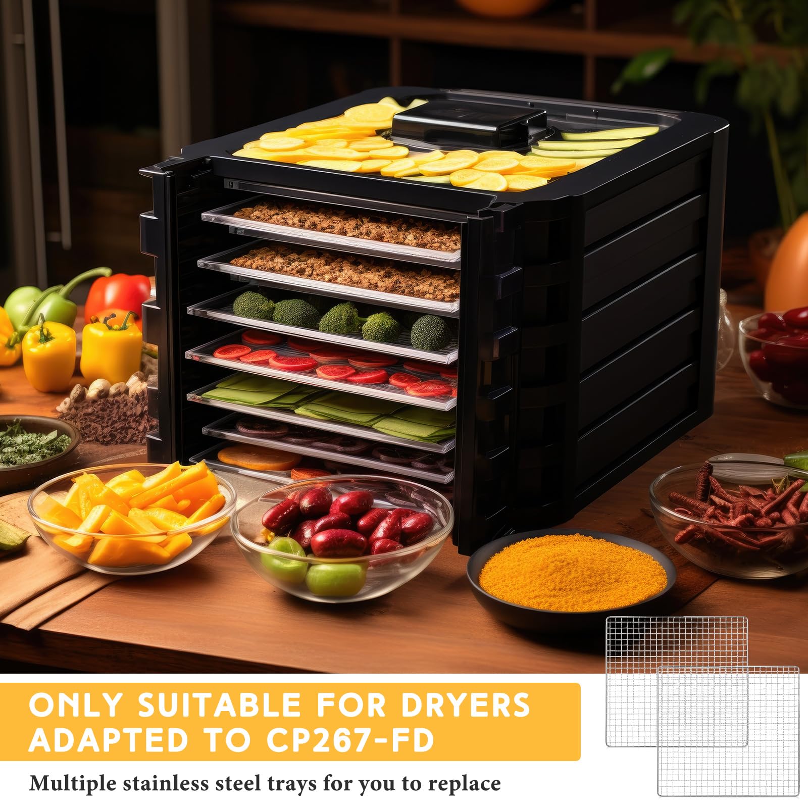 13 x 12 Inches Dehydrator Trays Compatible with CP267-FD Only Stainless Steel Dehydrator Drying Mesh Screens Stainless Steel Tray for Drying Fruit Food(4 Pcs)