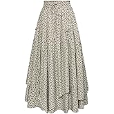 Scarlet Darkness Women Floral Print Boho Skirt Elastic High Waist Long Maxi Skirts with Pockets