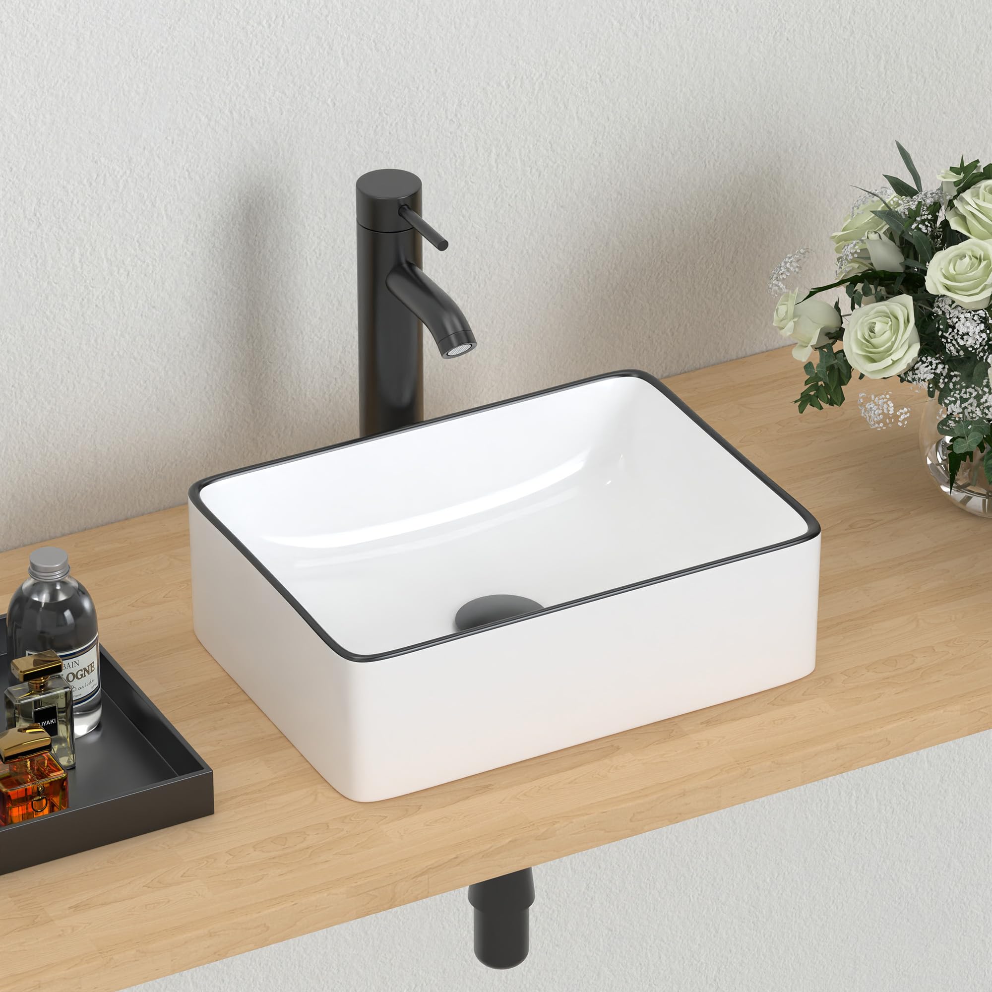 Photo 1 of J-FAMILY 14.5'' x 10.6'' Bathroom Small Vessel Sink Above Counter White Porcelain Ceramic Sink Black Trim Small Vanity Sink Lavatory Rectangular Wash Hand Basin