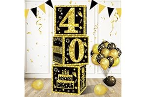 EIURTEAO 3pcs 40th Birthday Decorations Boxes for Men Women, Black Gold Happy 40 Birthday Balloons Boxes Party Supplies, 40 Year Old Bday Theme Cardboard Box Decor