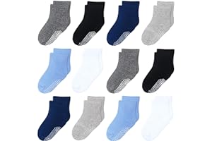 HYzgb 12 Pack Non Slip Kids Toddler Baby Socks with Grips for 1-7 Years Boys Girls Cotton Crew Socks Multi Colors