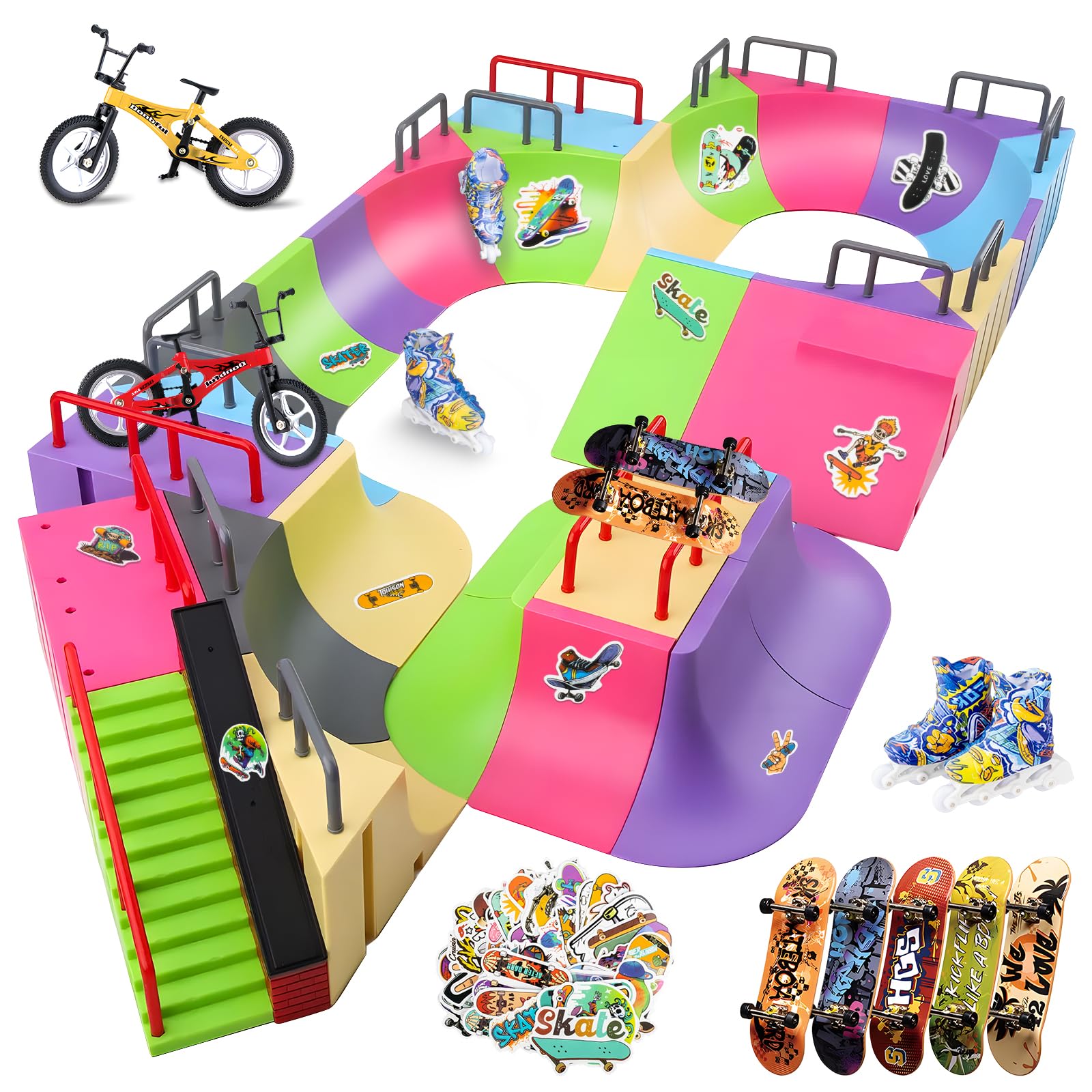 20PCS Finger Skateboards Ramp Set, 6 in 1 Fingerboard Skatepark Deck with 6 Fingerboard Ramps,5 Skateboards & Display Holder, Mini Finger Toy for Kids Adults Birthday Gift (Upgraded) — image 1