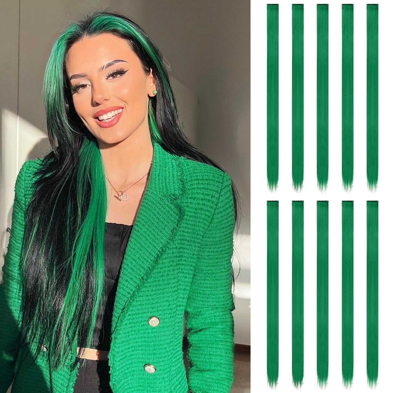 FESHFEN Green Clip in Hair Extensions, 10 PCS Highlight Hair Piece Colourful Straight Synthetic Clip in Hairpiecess for Women Daily St Patrick's Party Christmas, 22 inch — image 1