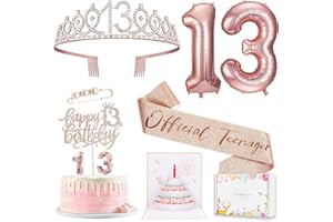 AWFRKY 13th Birthday Decorations for Girls, Including 13th Happy Birthday Cake Toppers, Queen Sash with Pearl Pin, Sweet Rhinestone Tiara Crown, Number Candles and Balloons Set, Rose Gold