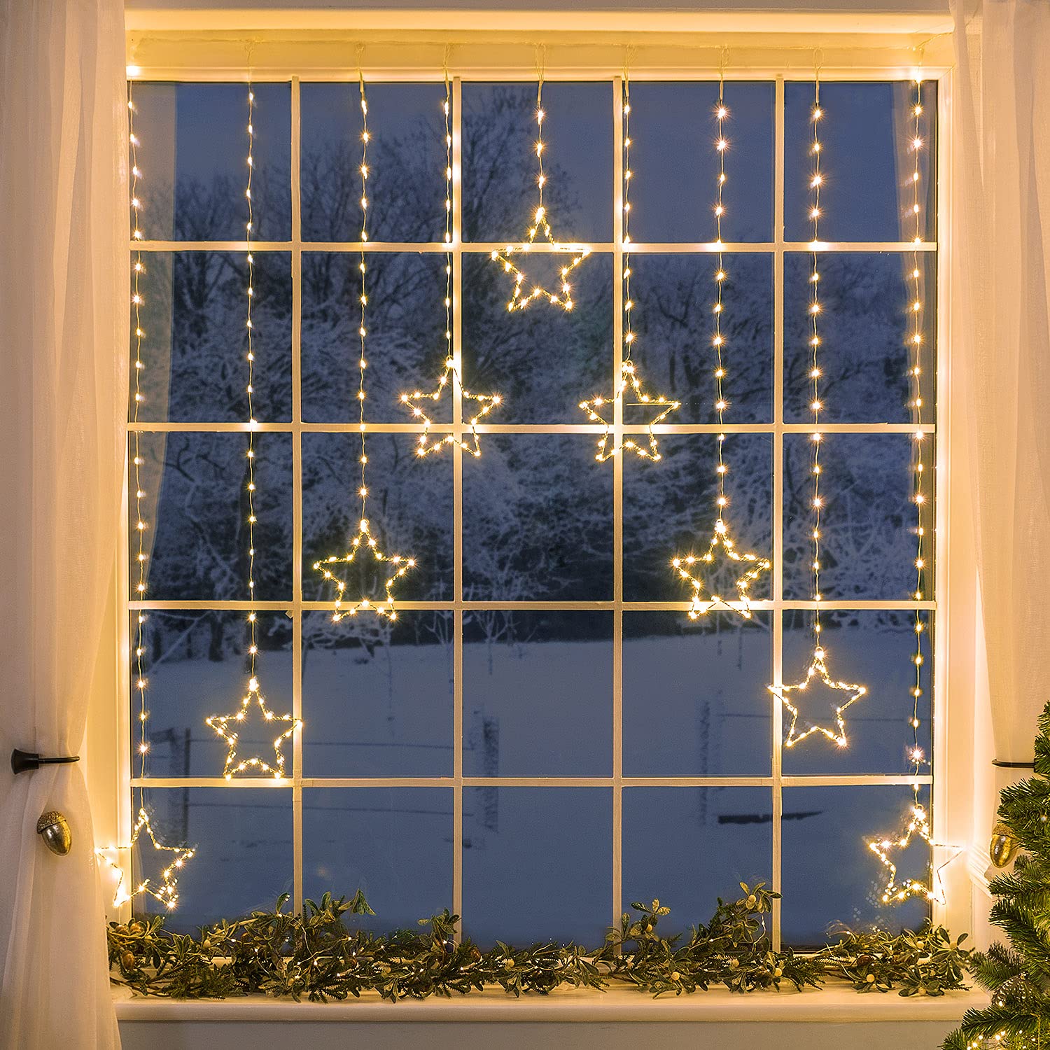 CHRISTOW Christmas Curtain Lights for Windows, 9 Star String Light Decoration, 325 Warm White Micro LEDs, Indoor Outdoor Home Garden Xmas Lighting, Mains Powered with 5m Cable (H1.2m x W1.2m)