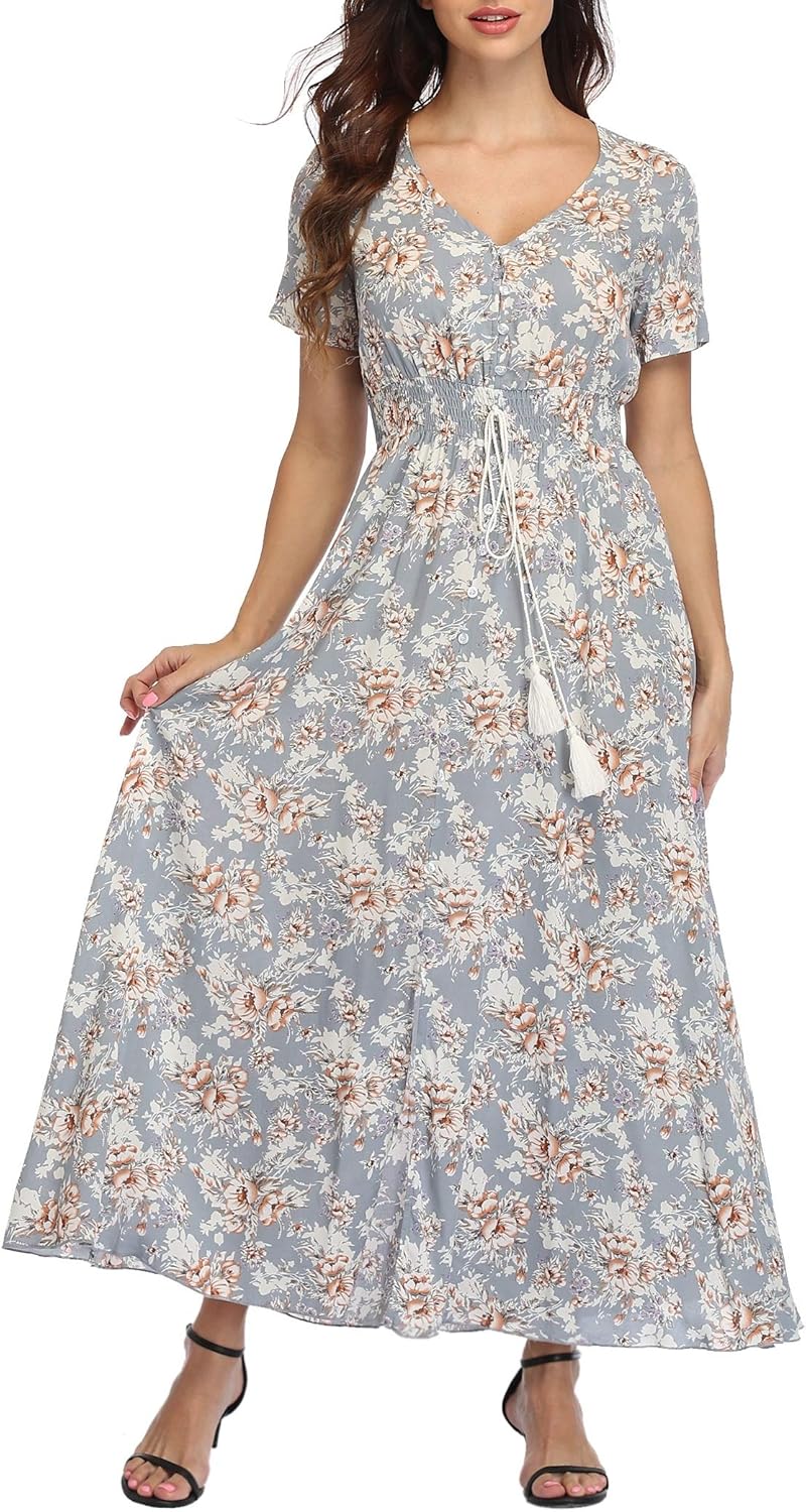 VintageClothing Women's Floral Maxi Dresses Boho Button Up Split Beach Party Dress