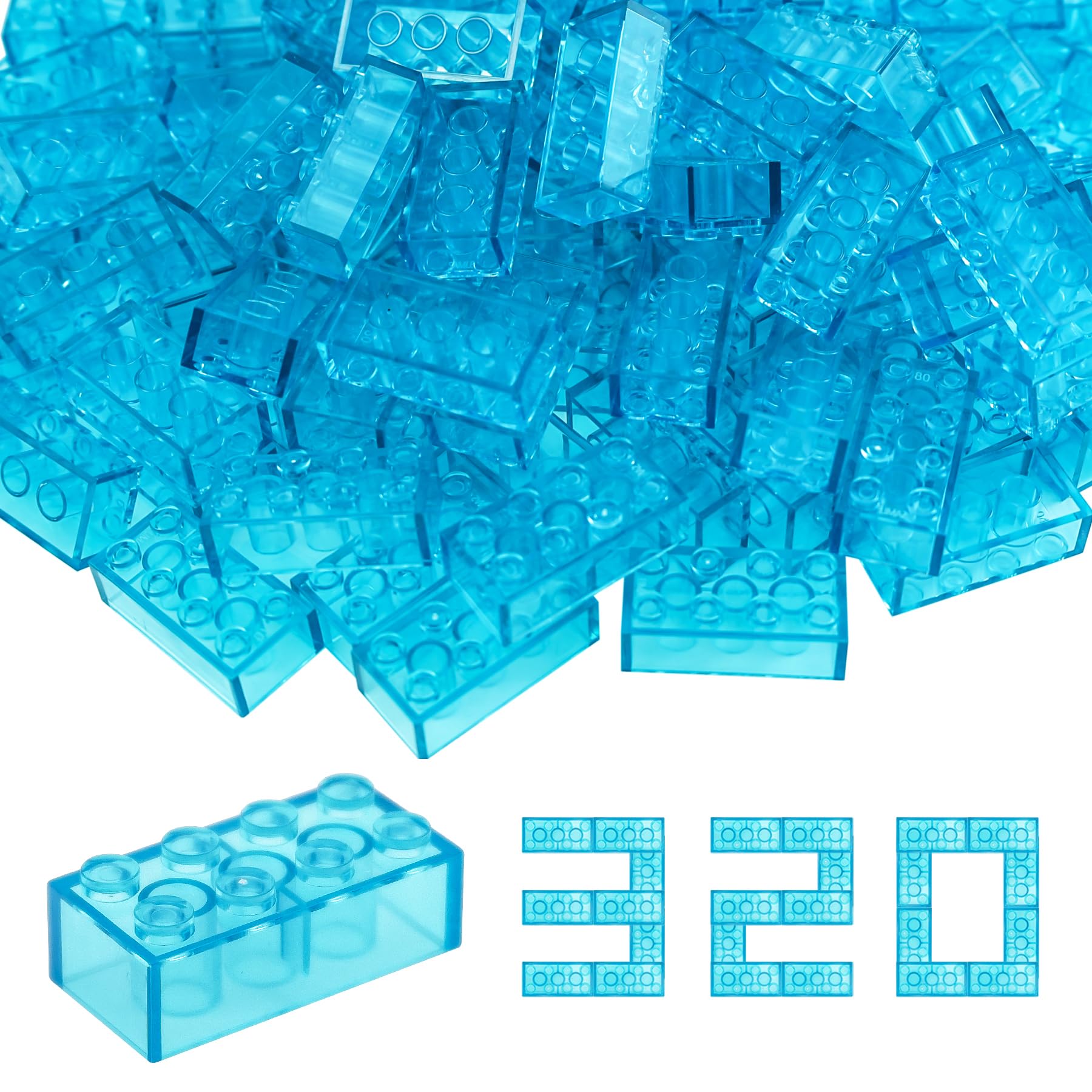 WYSWYG 320 Pcs Transparent Blue Bricks, Classic 2x4 Stud Bulk Pack, Compatible with Major Brands, Trans-Clear Parts for Ocean, Water & Ice Theme Creations