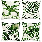 Bonhause Tropical Leaves Throw Pillow Covers 18 x 18 Inch Set of 4 Green Palm Leaf Decorative Pillow Cases Polyester Linen Outdoor Cushion Covers for Sofa Couch Garden Home Decor