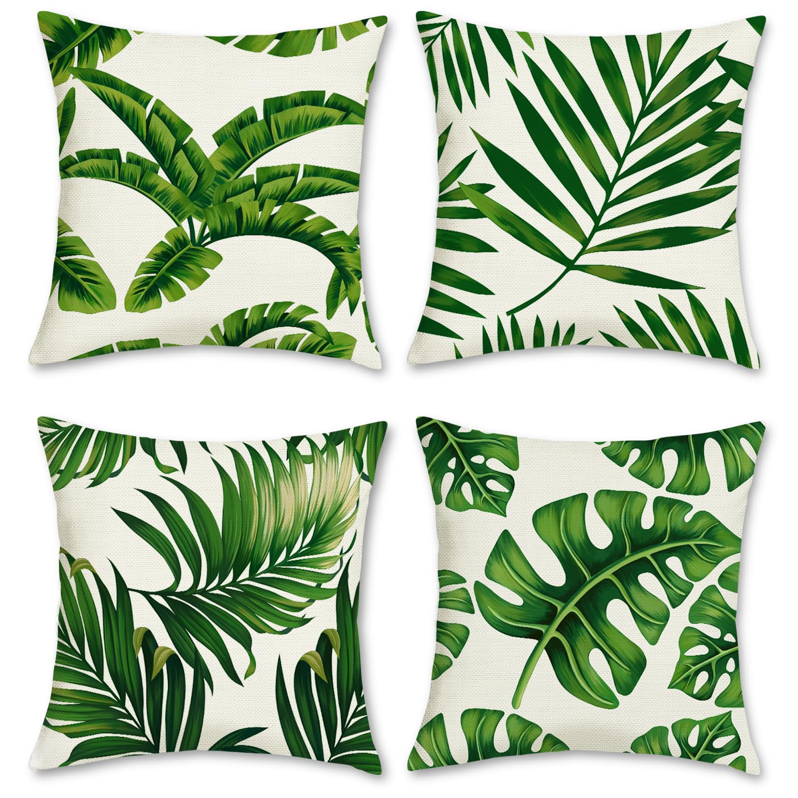 Bonhause Tropical Leaves Cushion Covers 45 x 45 cm Palm Leaf Green Decorative Throw Pillow Covers Polyester Linen Pillowcases for Sofa Bed Indoor Outdoor Decor Set of 4