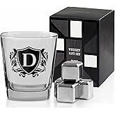 Whisky Gifts for Men, Personalized Initial Whiskey Glass with Whiskey Stones for Dad, Boyfriend, Best Friends, Coworkers, Husband, Brother, Uncle and Boss on Father's Day, Boss Day and Birthday - D