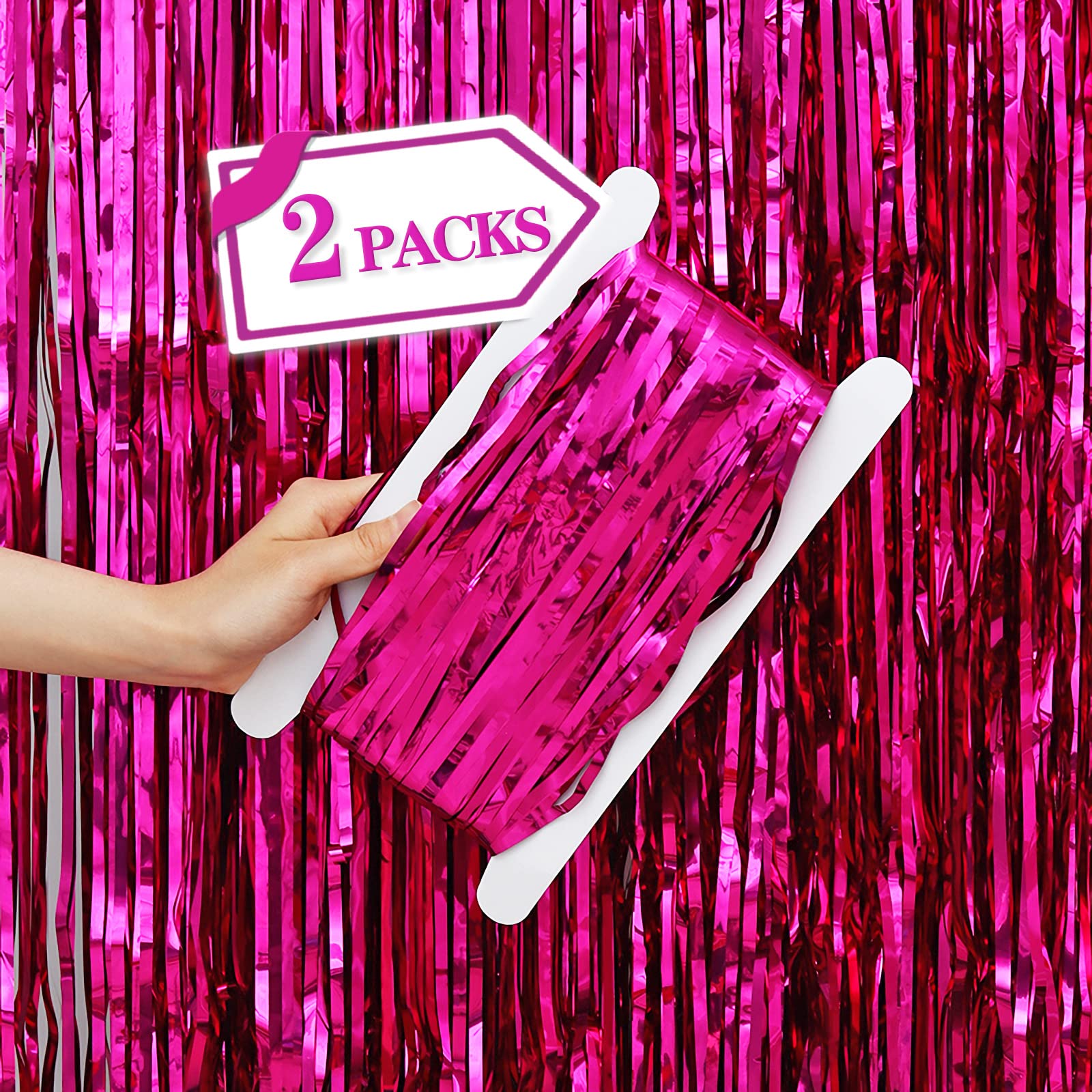 Photo 1 of 2 Pcs Hot Pink Metallic Tinsel Foil Fringe Curtains Backdrop, 3.28 ft x 6.56 ft Streamers for Birthday Wedding Engagement Bachelorette Party Photo Booth Bridal Shower Baby Shower Decorations Supplies