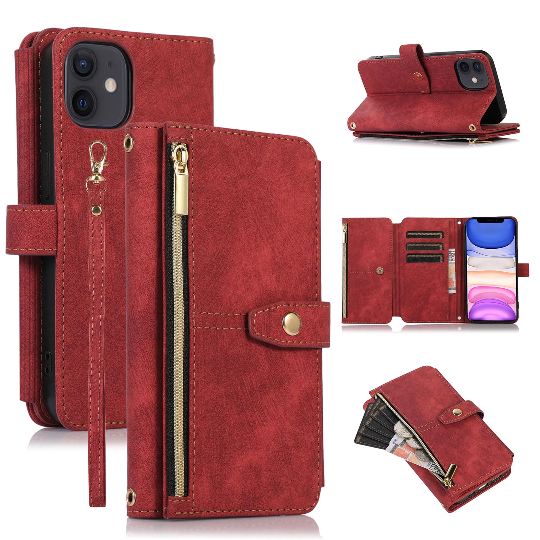 ZCDAYE Wallet Case for iPhone XR, Premium Leather Phone Case Women Ladies Holster with Card Slots Wrist Strap Zipper Flip Phone Cover for iPhone XR, Red — image 1