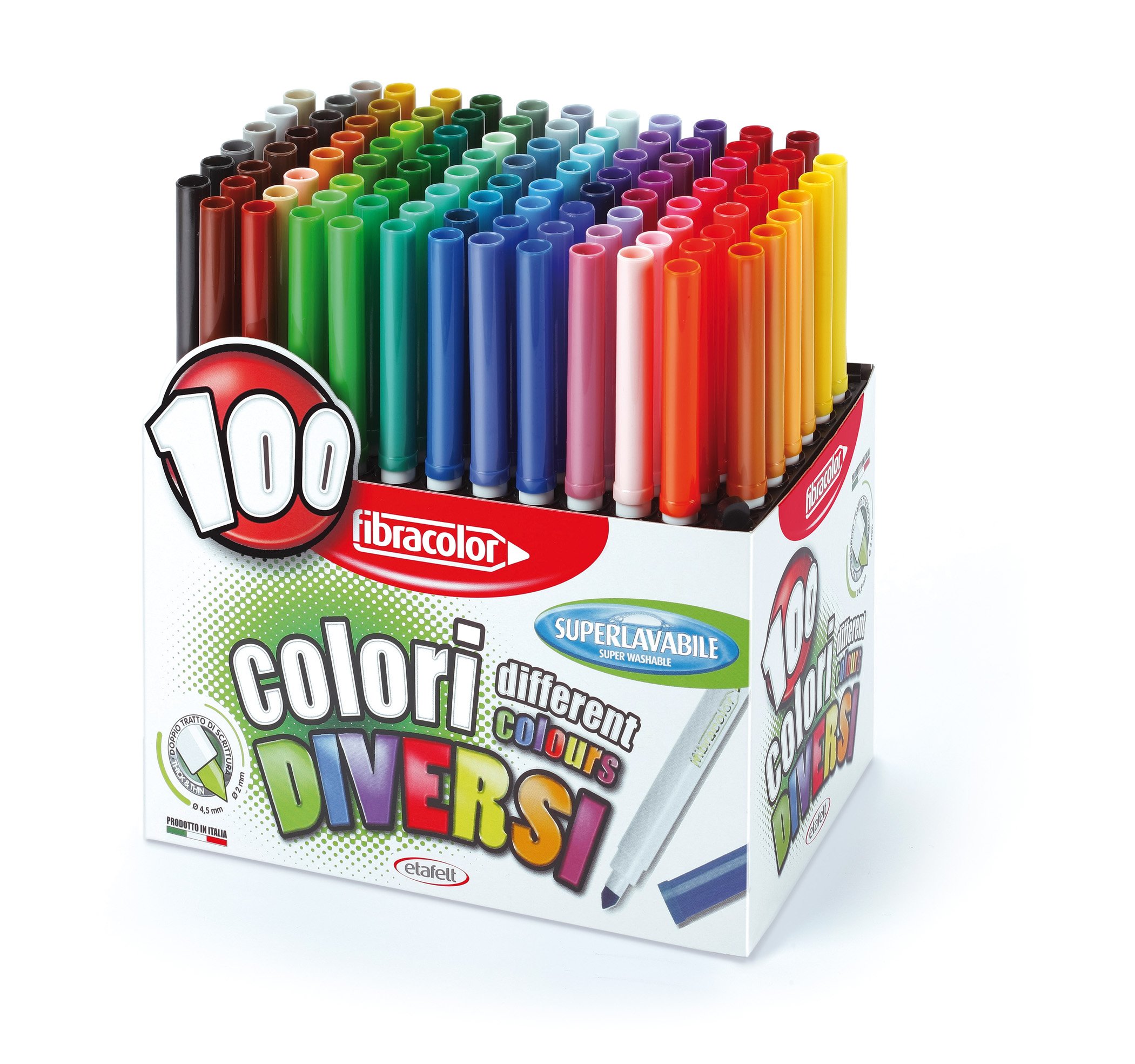 FIBRACOLOR 100 Colours – Box of 100 Conical Tip Markers in 100 Different Colours, Superwashable