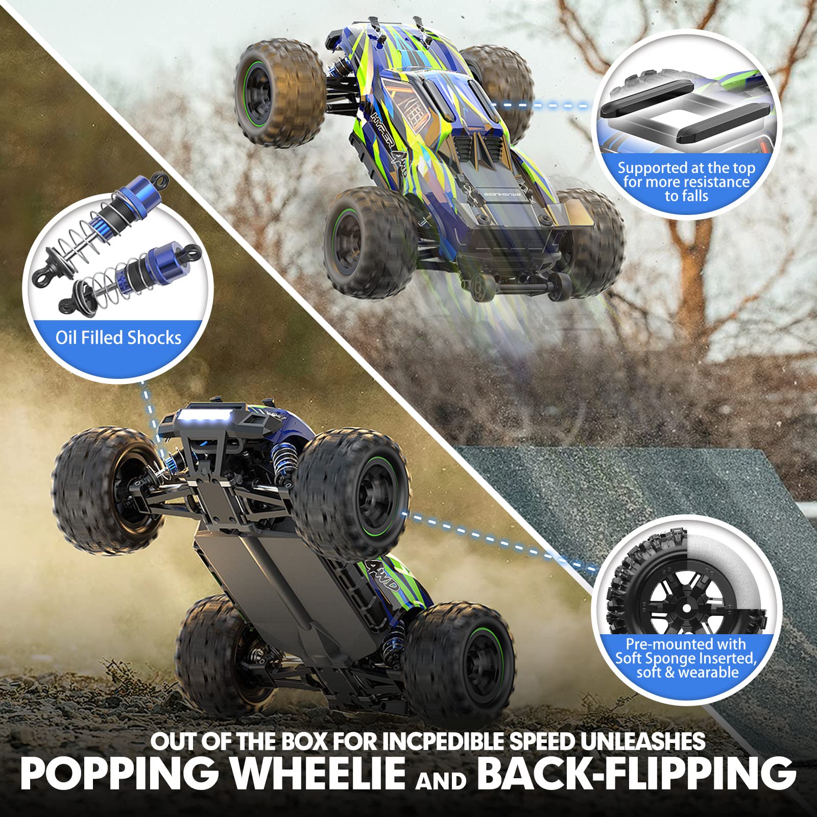 HYPER GO H16GT 1/16 Scale RTR Remote Control Car for Adults, GPS Max 40 Km/h Fast RC Cars with LED Light, Race Offroad RC Monster Trucks, RC Truggy with 2S Lipo Battery