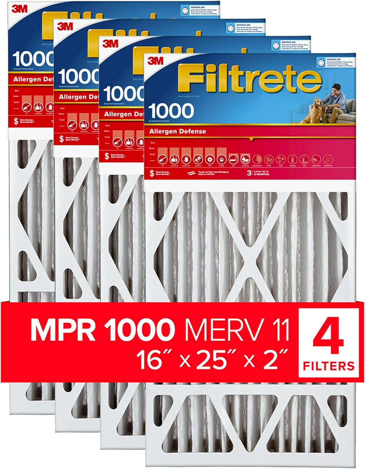 Filtrete 16x25x2, AC Furnace Air Filter, MPR 1000, Micro Allergen Defense, 4 Pack (exact dimensions 15.5 x 24.5 x 1.75) - - 