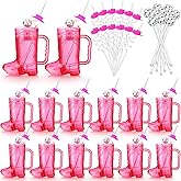 Ziliny 36 Pcs Cowboy Boot Glasses Bulk, 12 Cowboy Drink Mugs 12 Cowgirl Hat Straws 12 Mirror Disco Ball Stirrers for Western Theme Party Bachelorette Birthday Decorations(Rose Red)