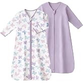 FIEMOL Baby Sleep Sack 6-12 Months, Long Sleeve Baby Wearable Blanket 0.5 Tog with Mittens, 2-Way Zipper Infant Cotton Sleeping Sack for Boy and Girl Purple Butterfly 2 Pack (Medium)