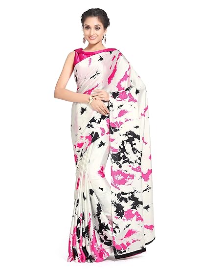 Satin with Blouse Piece Saree (TI1200_Pink & Off White_One Size)