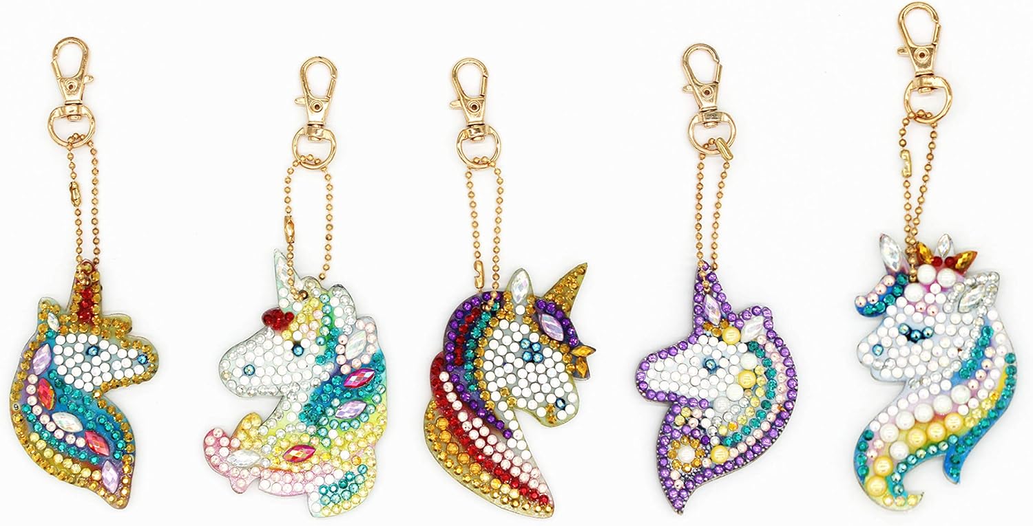 Obert Fieldin5 Pcs DIY 5D Diamond Painting Keychain Keyring Animal Crystal Rhinestone Arts Craft Paint by Number Kits for Adults-Rainbow Unicorn