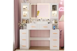 Zvivofla Vanity Desk with Mirror and Lights, Makeup Vanity with 8 Drawers, 2 LED Storage Cabinet & Power Outlet, White Vanity 3 Lighting Modes Brightness Adjustable for Bedroom, Dressing Room