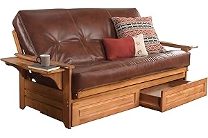 CORDOVA FUTONS Lakeshore Complete Futon - Drawers, Frame and Mattress Set - 8" Innerspring Queen Size Sofa Under Bed Storage Lounger (Saddle, Queen)