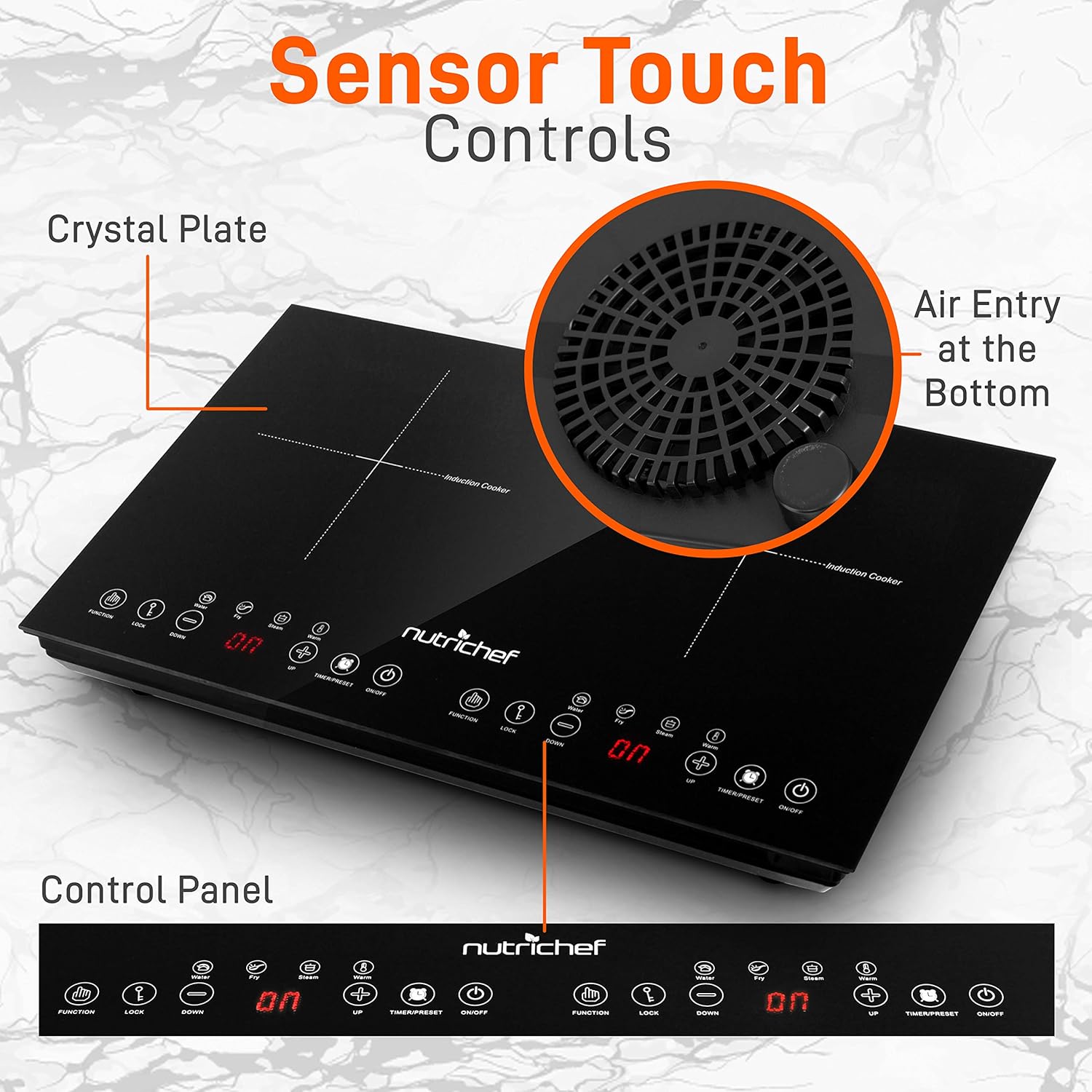 NutriChef Double Induction Cooktop 120V Portable Digital Ceramic Dual Burner w/Kids Safety Lock-Works with Flat Cast Iron Pan,1800 Watt,Touch Sensor, 12 Controls PKSTIND48: Kitchen & Dining