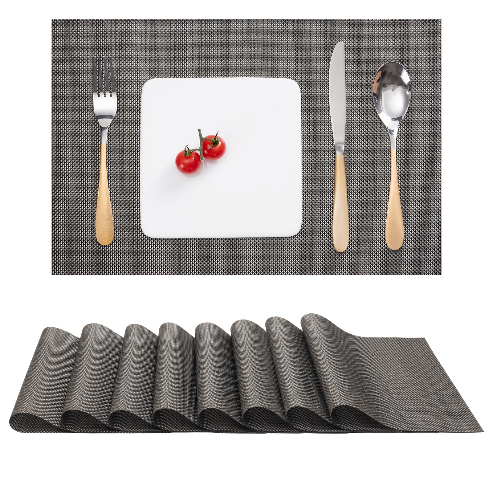 Myir JUN Table Mats Set of 8, Place Mats Table Placemats Washable Non-slip Heat Insulation Woven Vinyl for Kitchen Dinning Restaurant 17"X12" (Dark Brown)