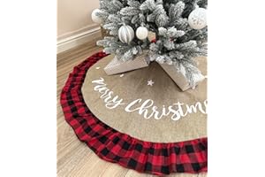 AISENO 48 Inch Christmas Tree Skirt Linen Burlap Buffalo Plaid Edge Decoration for Merry Christmas Party Red and Black Buffalo Christmas Tree Skirt Decorations