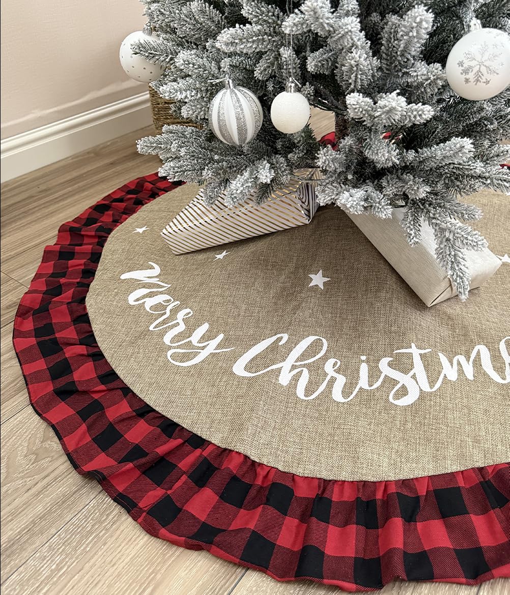 Photo 1 of AISENO 36 Inch Christmas Tree Skirt Linen Burlap Buffalo Plaid Edge Decoration for Merry Christmas Party Red and Black Buffalo Christmas Tree Skirt Decorations