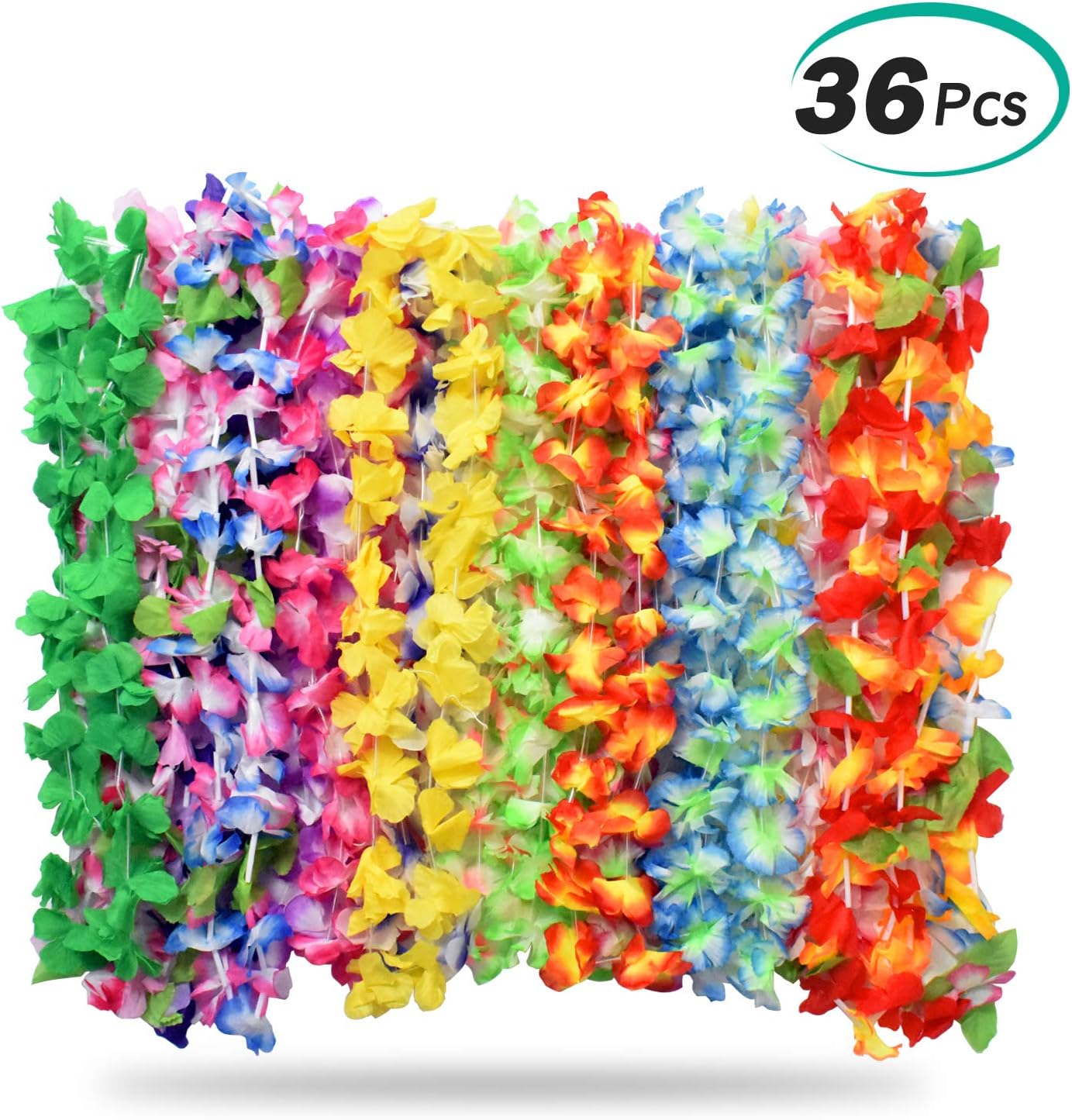 Alcoon 36 Pieces Tropical Hawaiian Luau Flower Lei Garland Hawaiian Necklace Set for Luau Summer Beach Party Decorations Favors