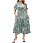 IN'VOLAND Women Plus Size Short Sleeve Dress Loose Summer Casual A-Line Flowy Midi Dresses with Pockets