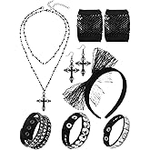 Ecation 7 Pcs 80s Women Costume Accessories Halloween Leather Punk Bracelet Black Cross Necklace Lace Headband Fishnet Glove