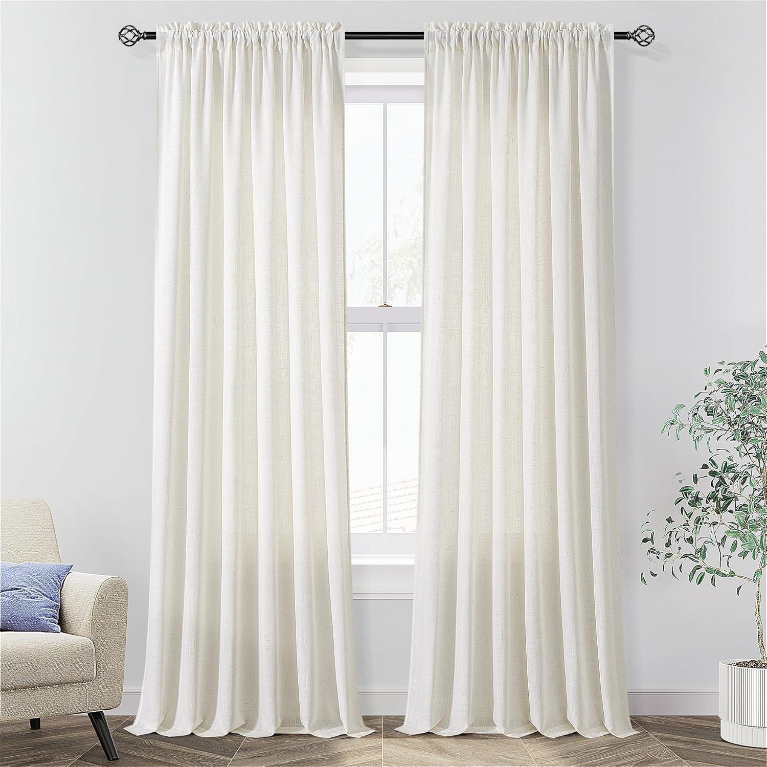 Window Treatments - Natural Linen Curtains 84 Inch Length 2 Panels for Living Room Rod Pocket Semi Sheer Boho Bedroom Curtain Privacy Ivory Cream White Farmhouse Linen Curtain Drapes Floor Length 84 Inches Long 7 FT