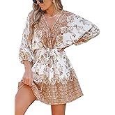 CUPSHE Women's Plunging V Neck Backless Beach Dress Paisley Boho Blouson Sleeve Back Tie Waist Tie Mini Summer Dresses