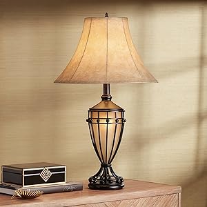 Cardiff Traditional Table Lamp with Nightlight Urn Dark Iron Bronze Beige Fabric Bell Shade for Living Room Bedroom - Franklin Iron Works