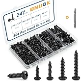 BNUOK 247Pcs Pan Head Wood Screws Assortment Kit, #6#8 Black Oxide Stainless Steel 304 Self Tapping Screws Set, Phillips Drive, Sheet Metal Screws