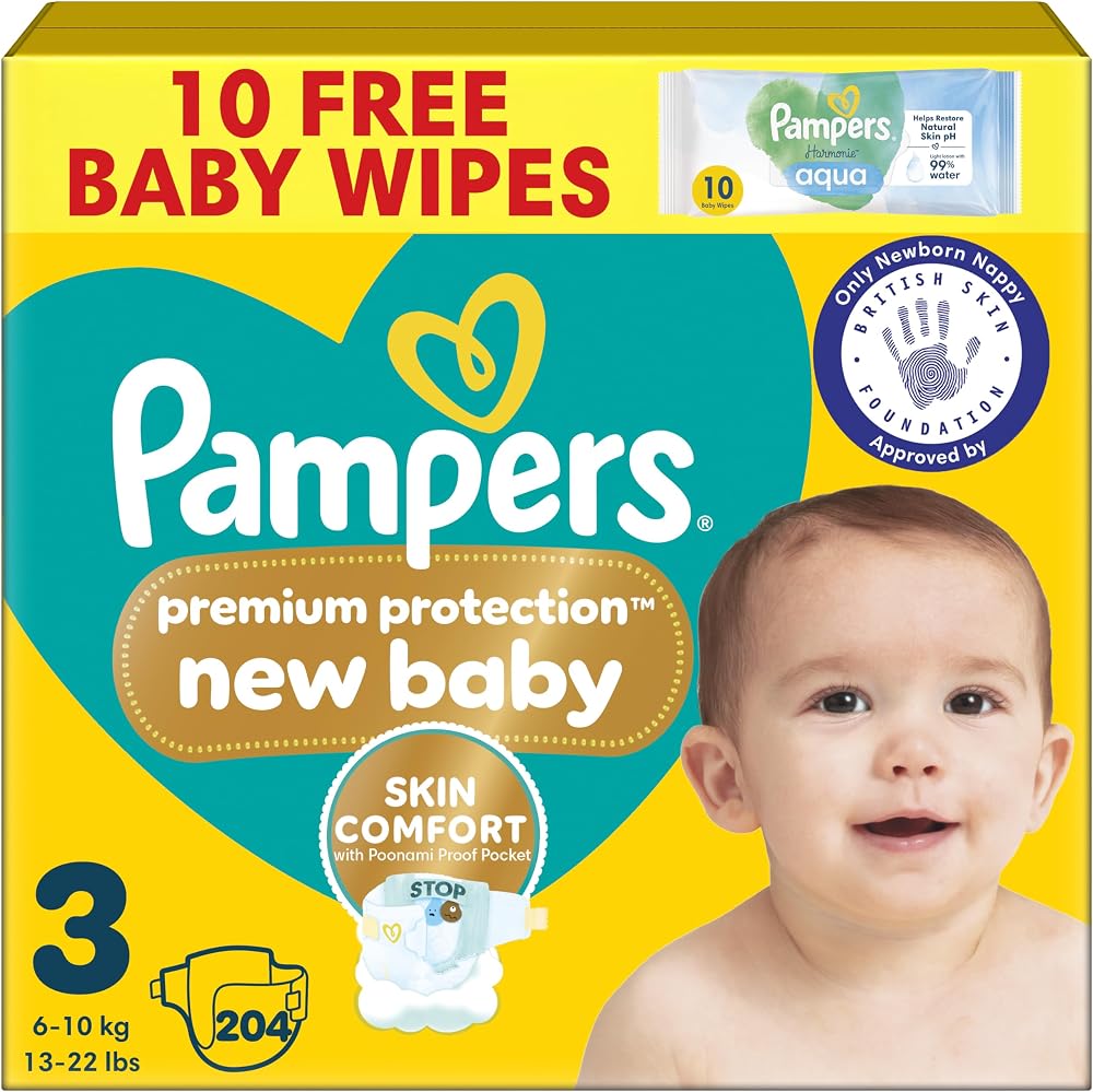 Pampers Premium Protection New Baby Size 3 204 Nappies 6-10kg Monthly Pack