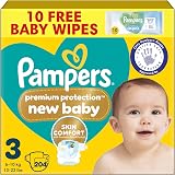 Pampers Premium Protection New Baby Size 3 204 Nappies 6-10kg Monthly Pack
