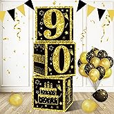 Eiurteao 3pcs 90th Birthday Decorations Boxes for Men Women, Black Gold Happy 90 Birthday Balloons Boxes Party Supplies, 90 Year Old Bday Theme Cardboard Box