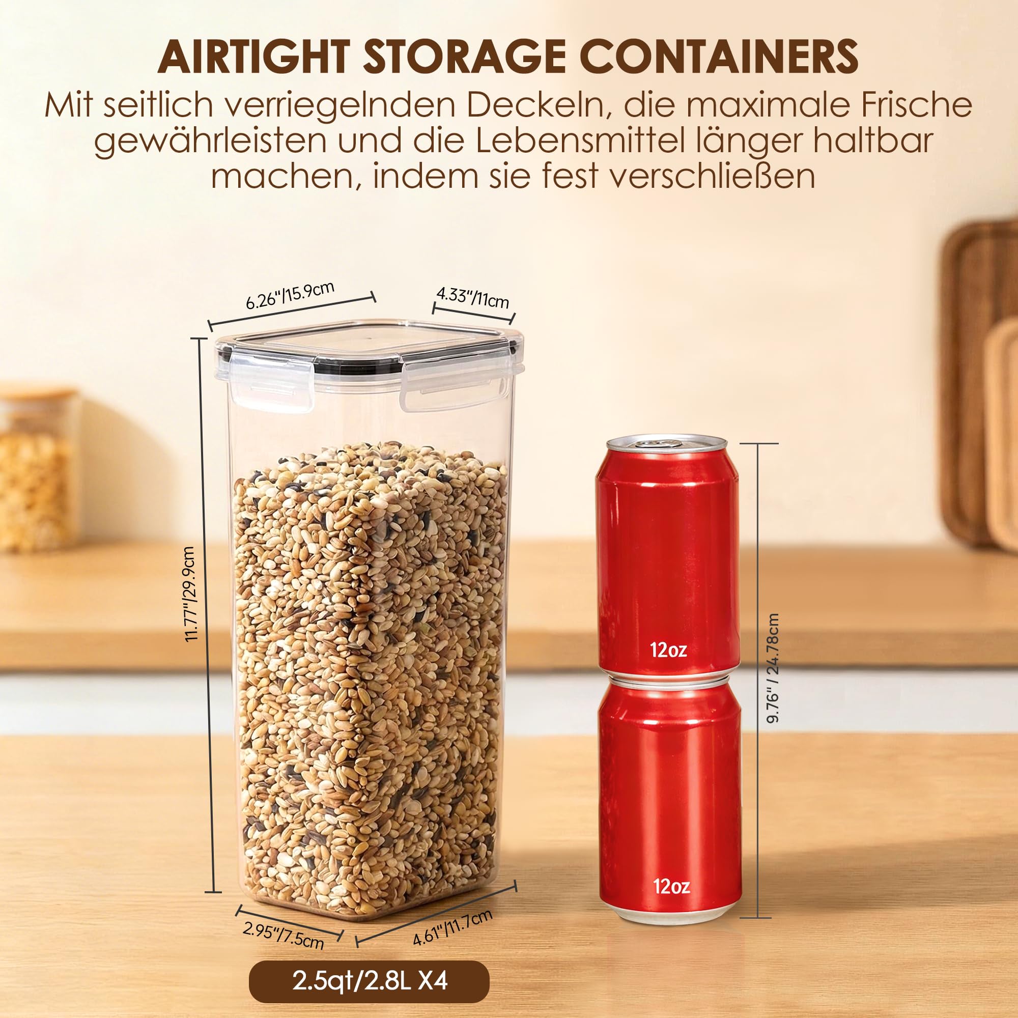 Vtopmart 2.8L Vorratsdosen Set, Müsli Schüttdose & Frischhaltedosen, BPA frei Kunststoff luftdicht,Trockenfutterbehälter, Satz mit 4, 24 Etiketten für Getreide, Mehl, Zucker usw (Schwarz) 2