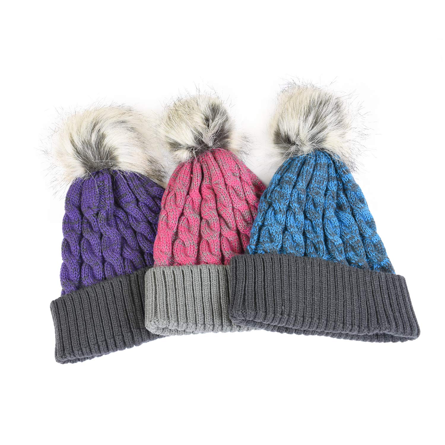 Winter Cable Knit Faux Fur Pom Pom Skull Ski Cap Two-Toned Cuff Beanie