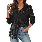 MEROKEETY Women's Lace Long Sleeve Tops Dressy Casual Blouse Button Down Sheer Elegant Summer Shirts