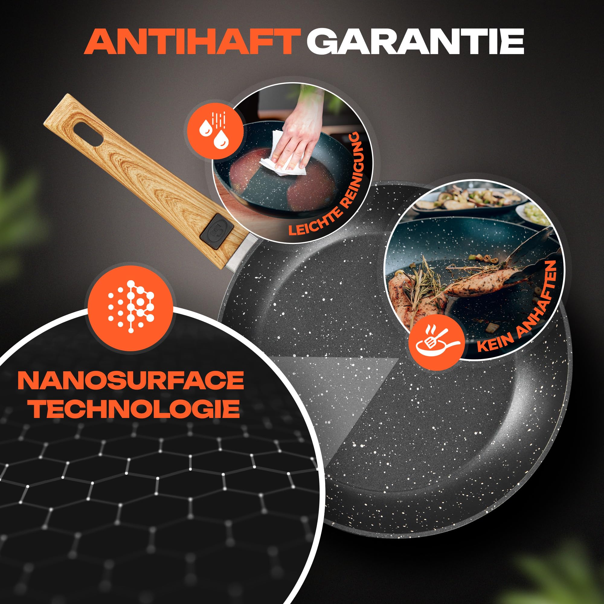 Kochfreunde® Pfannenset 3-teilig, Pfanne 20, 24, 28 cm, [Abnehmbarer Griff] Antihaft Beschichtete Bratpfanne Induktion, PFOA-Frei Induktionspfanne, geeignet für alle Herdarten 3