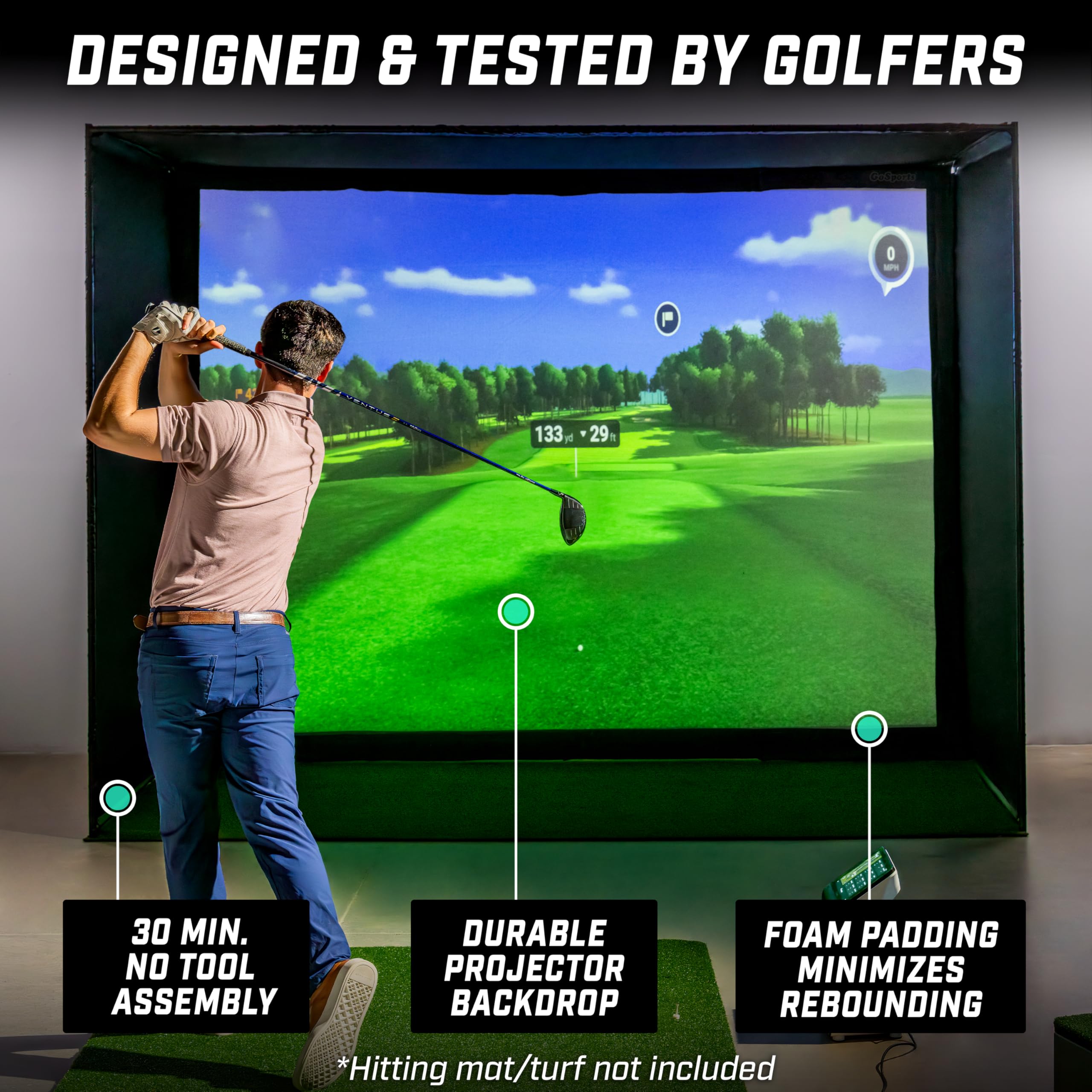 GoSports Golf Simulator Enclosure Nets - Choose 10 x 8 ft, 12 x 9 ft, or 14 x 8 ft - Complete Set with Frame and HD Impact Screen Kit