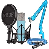 Rode NT1 Signature Blue &amp; PSA1+ Boom Arm - Podcast Microphone Bundle | 4 dBA condenser with SM6 shockmount, 10-foot XLR lead, silent damped 37-inch reach, color-matched clamp and insert