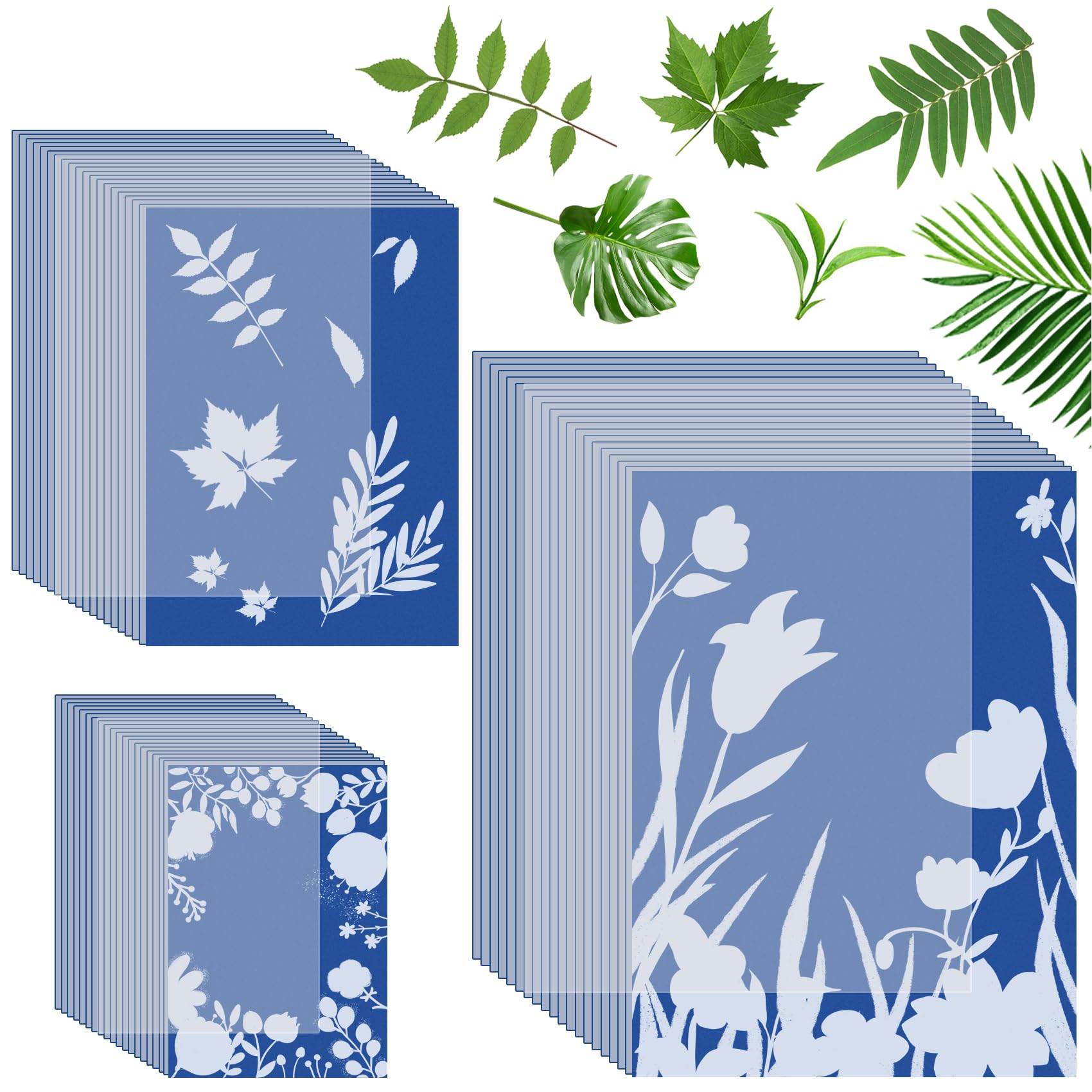 Pojedehy 60 Pcs Sun Print Paper Kit with Acrylic Panel, A4 A5 A6 Cyanotype Art Paper